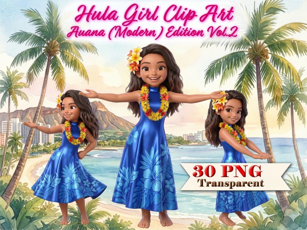 フラガール クリップアート アウアナエディション Vol.2 | 30枚PNG 透過背景 3Dフィギュアスタイル ハワイアンダンス