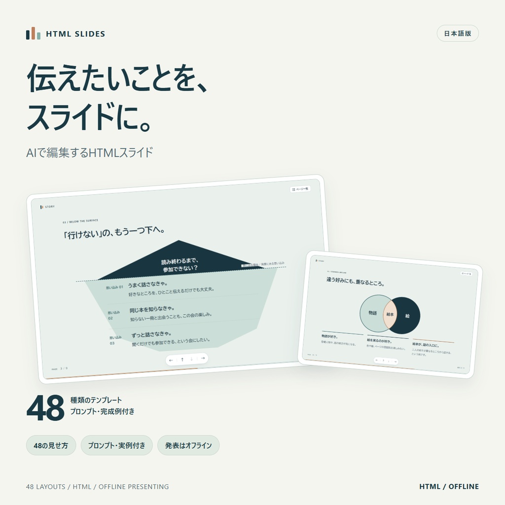 AIに頼んで編集できるHTMLスライドテンプレート|48種類