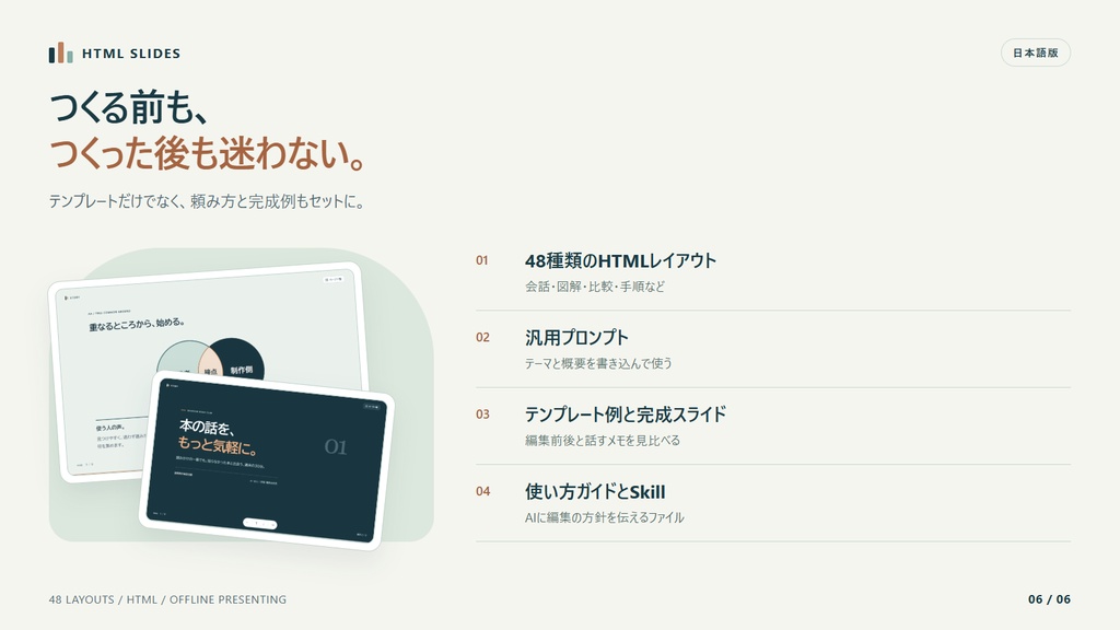 AIに頼んで編集できるHTMLスライドテンプレート|48種類
