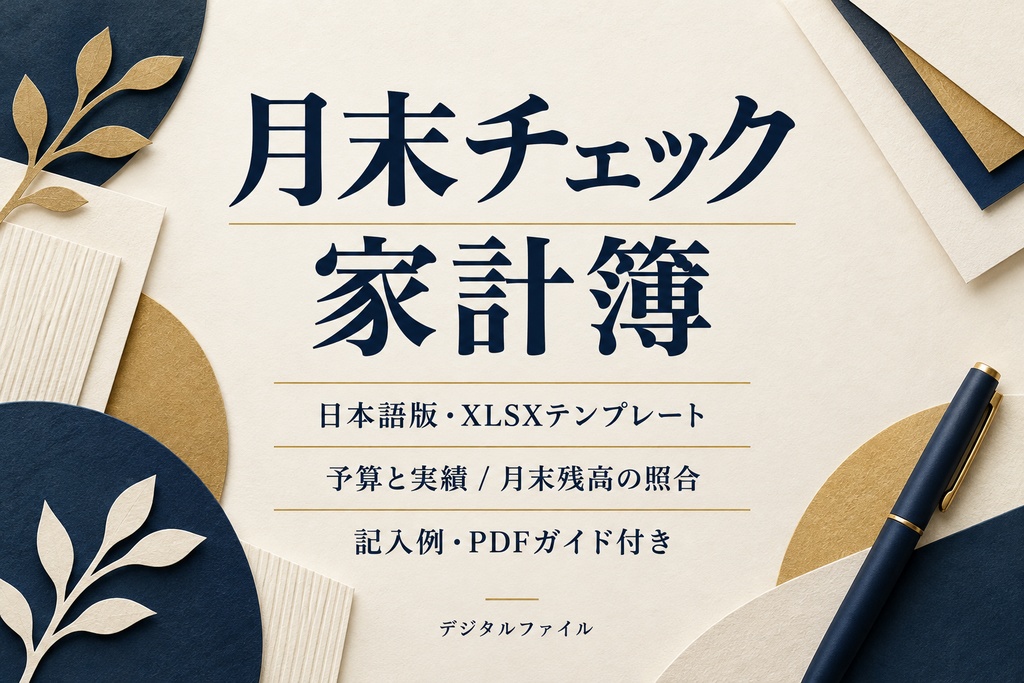 月末チェック付きシンプル家計簿｜日本語XLSX・記入例・6ページガイド