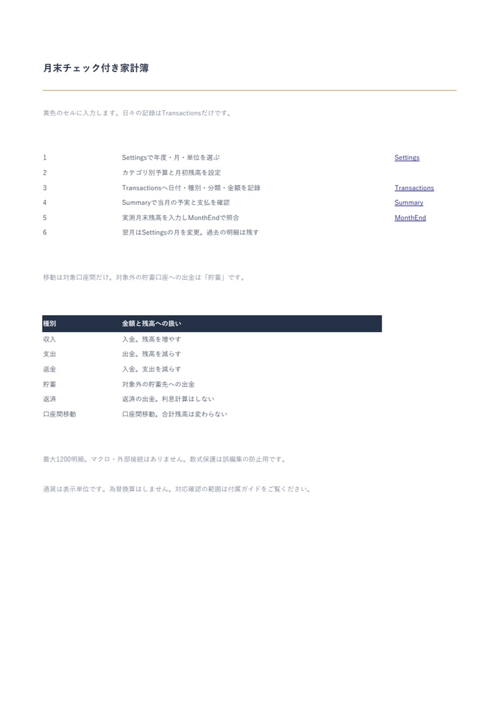 月末チェック付きシンプル家計簿|日本語XLSX・記入例・6ページガイド