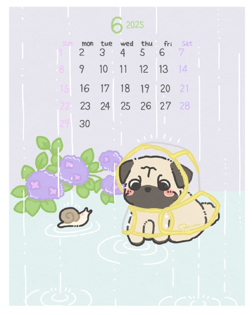 【6月壁紙】レインコートのパグと梅雨さんぽ スマホ&PC用