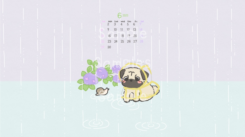 【6月壁紙】レインコートのパグと梅雨さんぽ スマホ&PC用