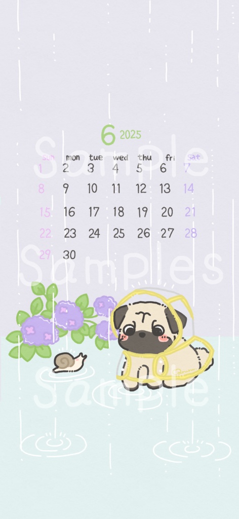 【6月壁紙】レインコートのパグと梅雨さんぽ スマホ&PC用