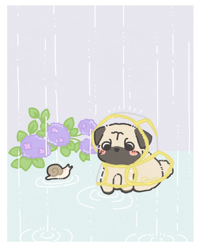 【6月壁紙】レインコートのパグと梅雨さんぽ スマホ&PC用