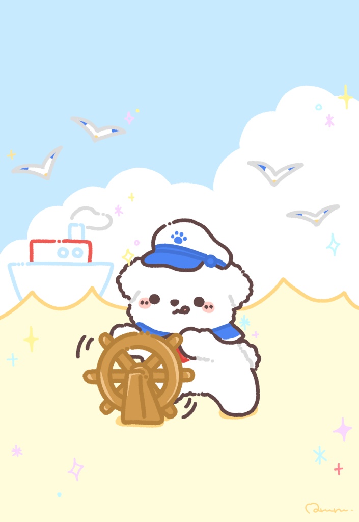 【7月壁紙】マルチーズ船長のマリンな夏 スマホ&PC用