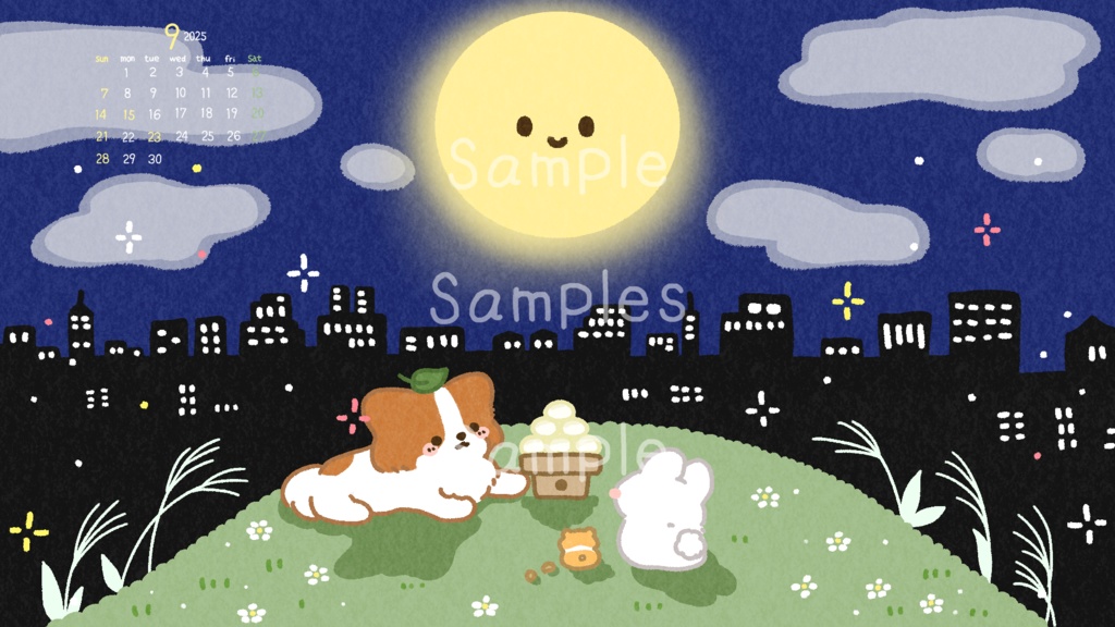 【9月壁紙】お月見パピヨン うさぎとハムスターと一緒に・・・