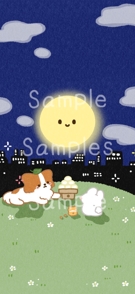 【9月壁紙】お月見パピヨン　うさぎとハムスターと一緒に･･･