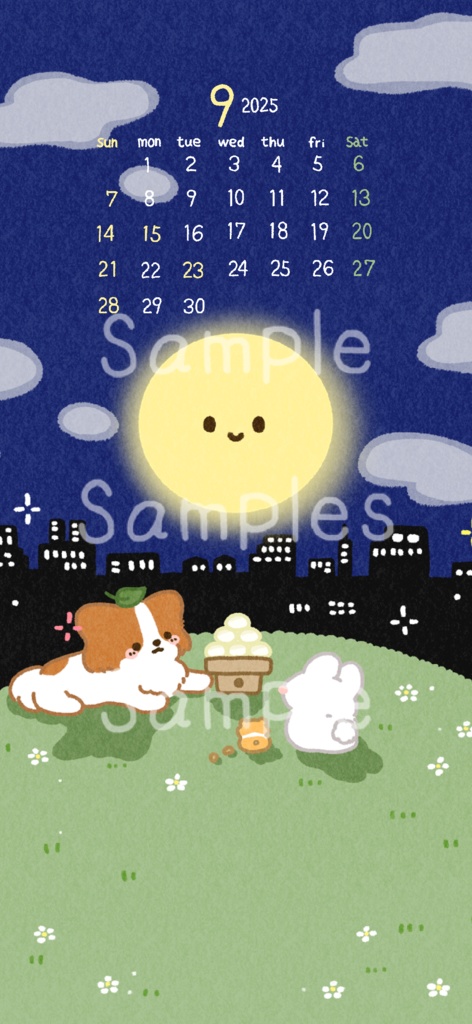 【9月壁紙】お月見パピヨン うさぎとハムスターと一緒に・・・