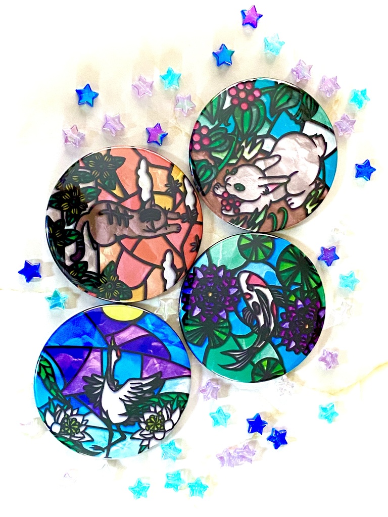 鶴と月下美人ステンドグラス風缶ミラー