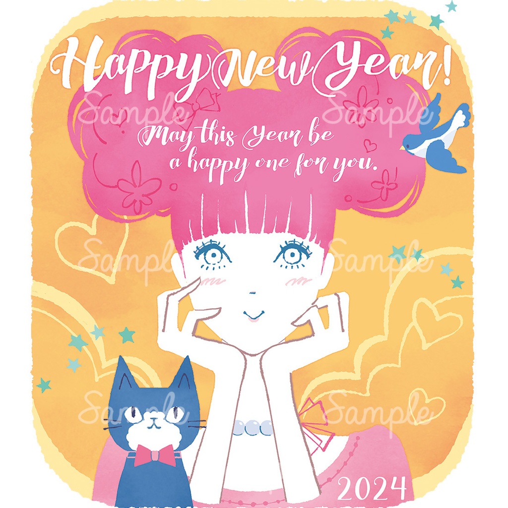 【2024年賀状(データ)】girl&cat 2パターン