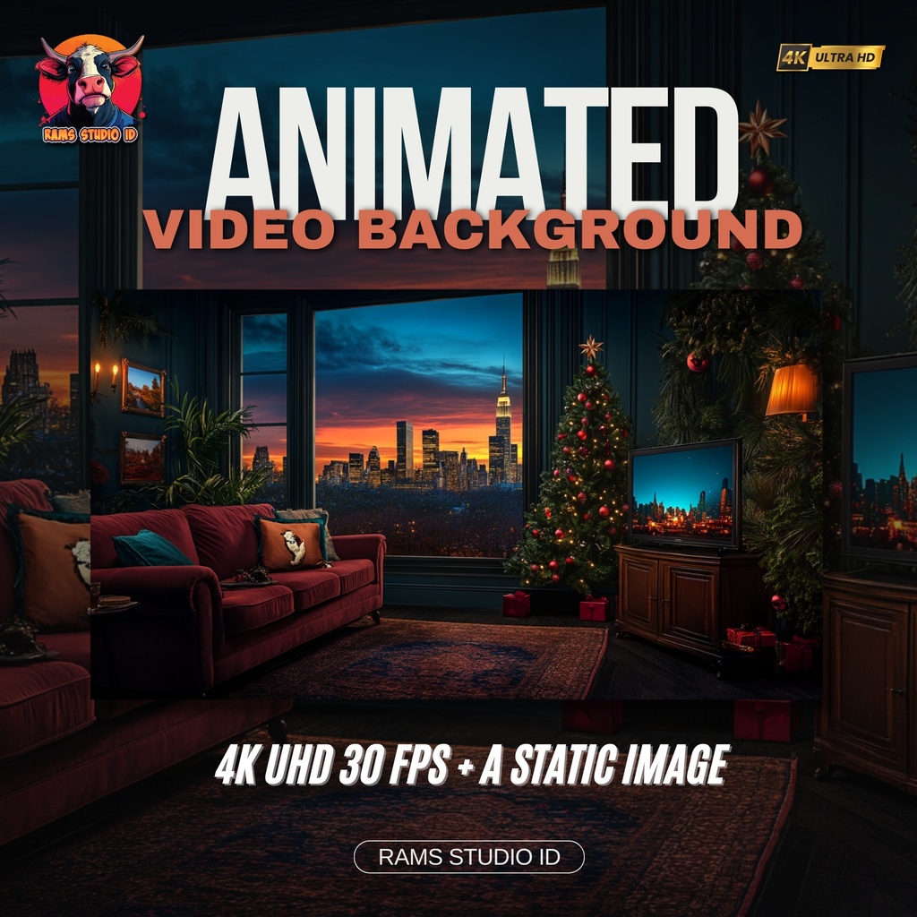 街並みビュー付きクリスマス装飾リビングルームのアニメーション背景 ― シームレス配信背景 | Animated Background of Christmas Living Room Decoration witch City View – Seamless Streaming Backdrop