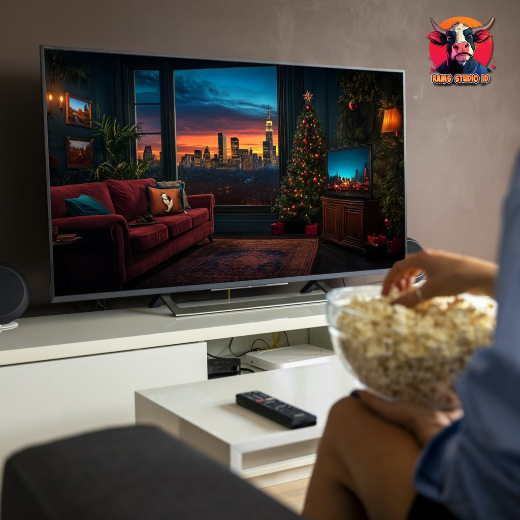 街並みビュー付きクリスマス装飾リビングルームのアニメーション背景 ― シームレス配信背景 | Animated Background of Christmas Living Room Decoration witch City View – Seamless Streaming Backdrop