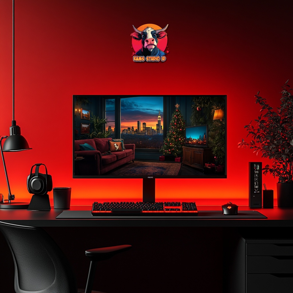 街並みビュー付きクリスマス装飾リビングルームのアニメーション背景 ― シームレス配信背景 | Animated Background of Christmas Living Room Decoration witch City View – Seamless Streaming Backdrop