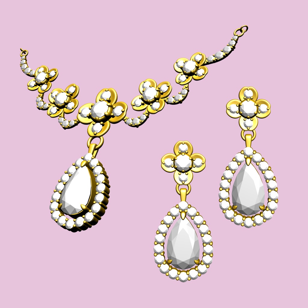 5連の花のネックレスイヤリングセット3D/5flowers_set_A【マンガ素材・CLIPSTUDIOPAINT用】】