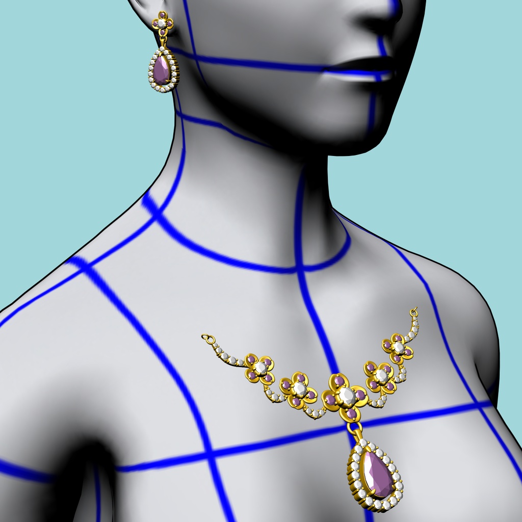 5連の花のネックレスイヤリングセット3D/5flowers_set_A【マンガ素材・CLIPSTUDIOPAINT用】】