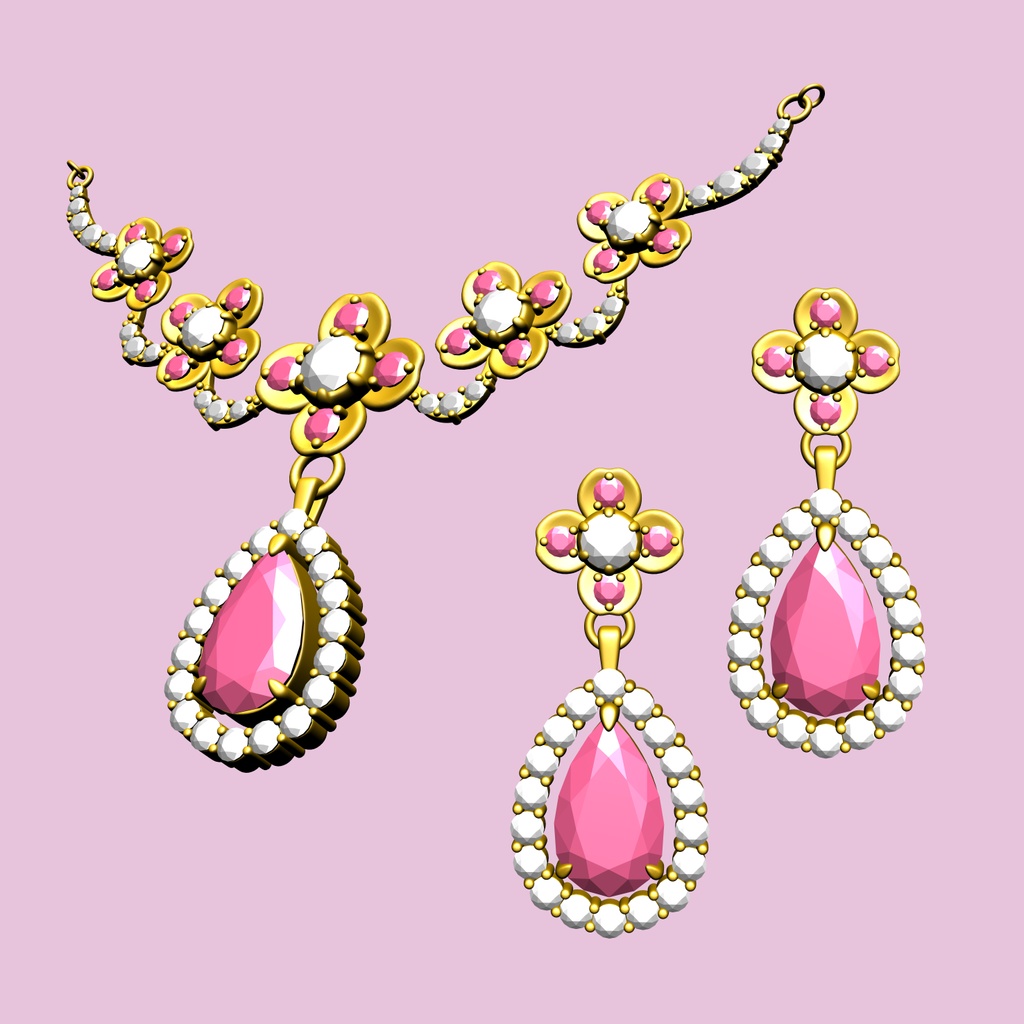 5連の花のネックレスイヤリングセット3D/5flowers_set_A【マンガ素材・CLIPSTUDIOPAINT用】】