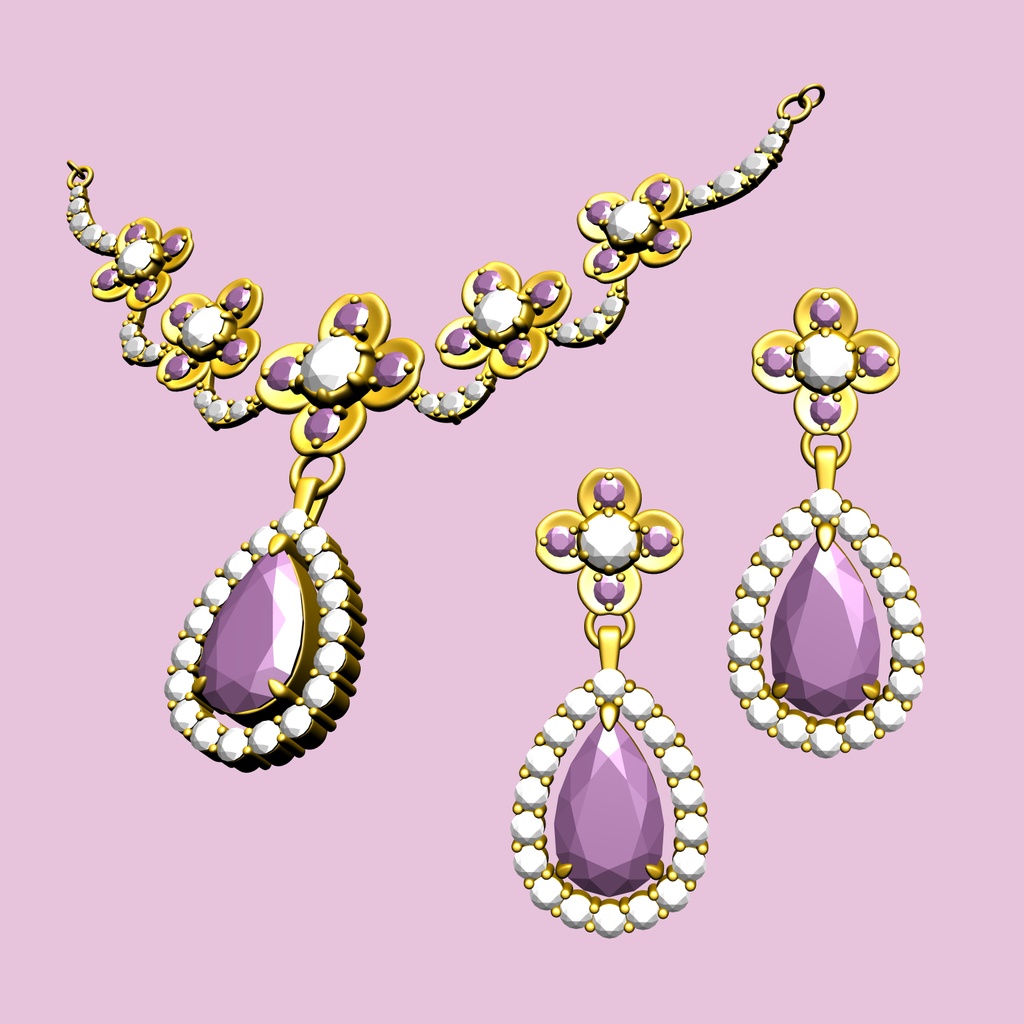 5連の花のネックレスイヤリングセット3D/5flowers_set_A【マンガ素材・CLIPSTUDIOPAINT用】】