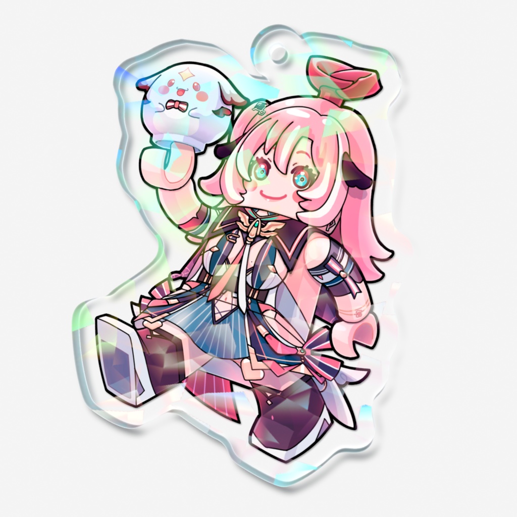 【桃月はぐ様非公式グッズ】ブロック玩具フィギュア風はぐ&ぷに丸ホログラムアクリルキーホルダー