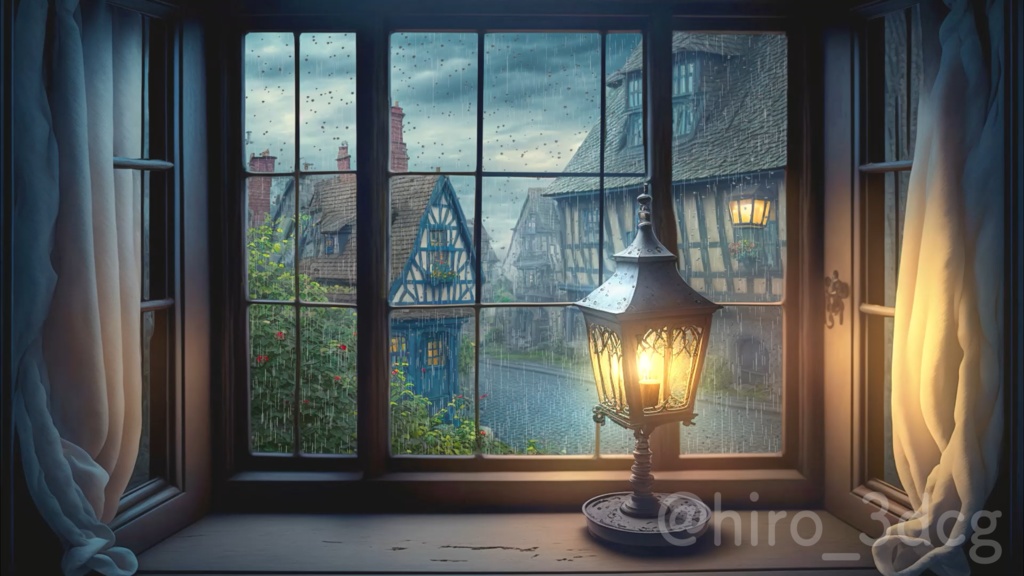 【背景ループ素材】雨の日とランタン ループ素材 ファンタジー 窓から眺める 落ち着く 異世界 Vtuberさんの配信背景に 雨 窓 部屋 ランタン 中世風 動く背景【背景動画】