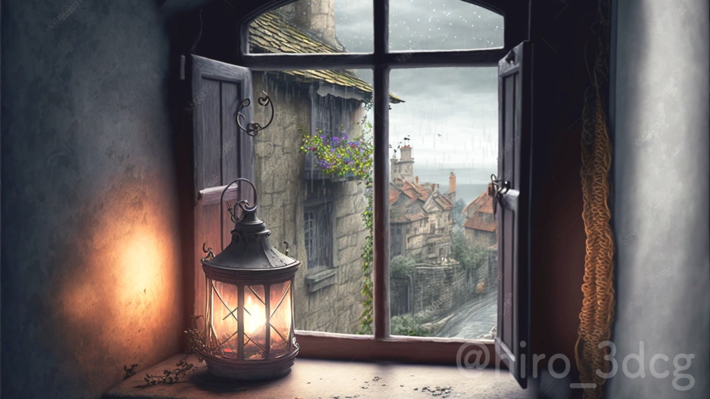 【背景ループ素材】窓から眺める雨とランタン ループ素材 ファンタジー 窓から眺める 落ち着く 異世界 ろうそく 雨 窓 部屋 ランタン 中世風 動く背景【背景動画】
