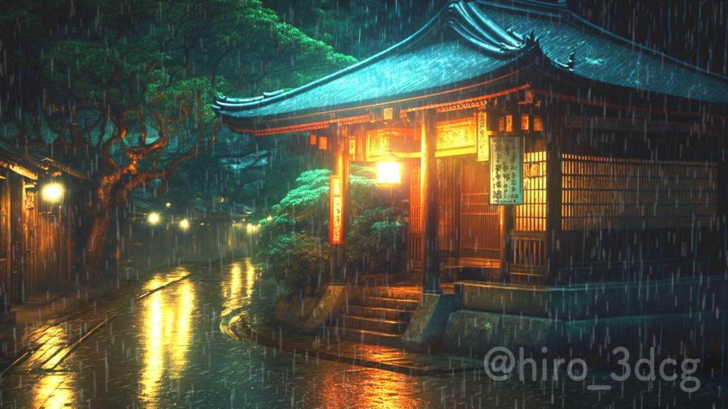 動く背景ループ素材】雨の降る神秘的な神社 夜 灯篭 石畳 梅雨 小雨