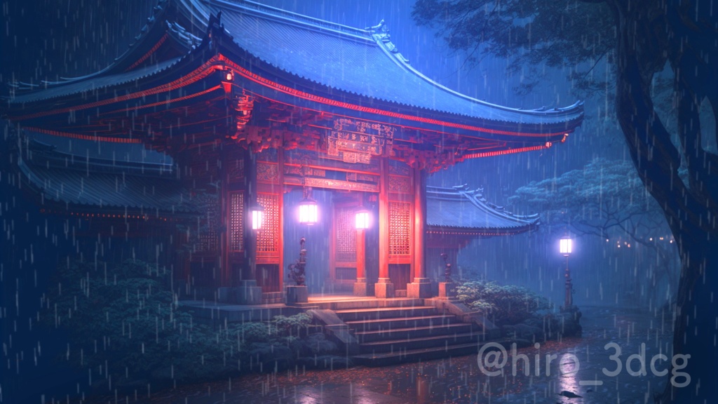 動く背景ループ素材】雨の降る妖艶な神社 夜 灯篭 石畳 梅雨 小雨 幻想