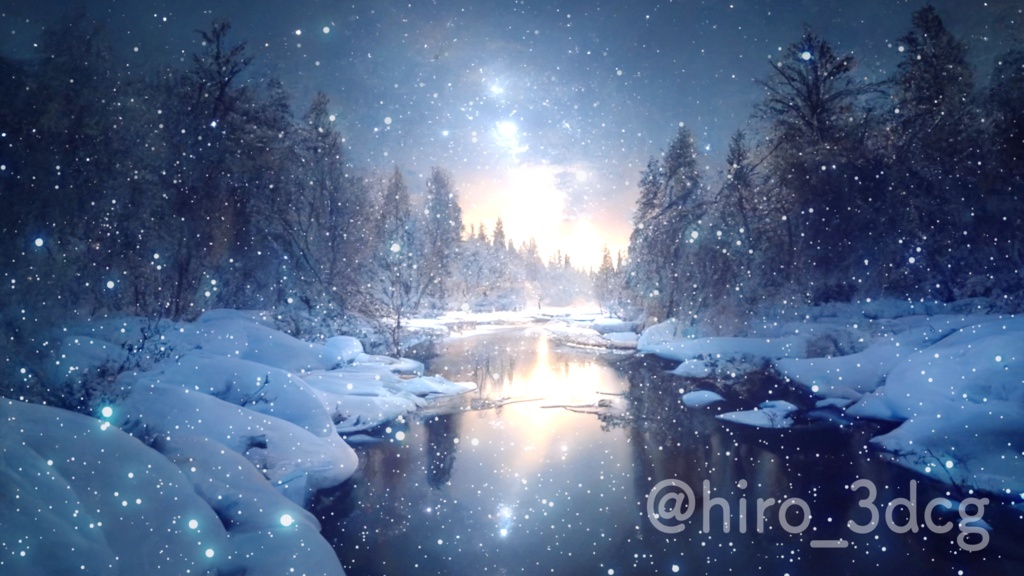 背景ループ素材】川の流れる幻想的な冬の森ループ素材 森 クリスマス