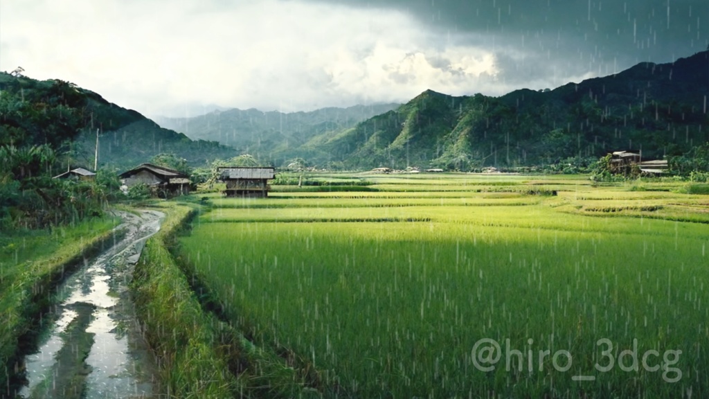 【背景ループ素材】雨の日の田んぼ風景 ループ素材 雨 小雨 梅雨 じめじめ 田園風景 田舎 森林 木々 自然 パーティクル 落ち着く【背景動画】