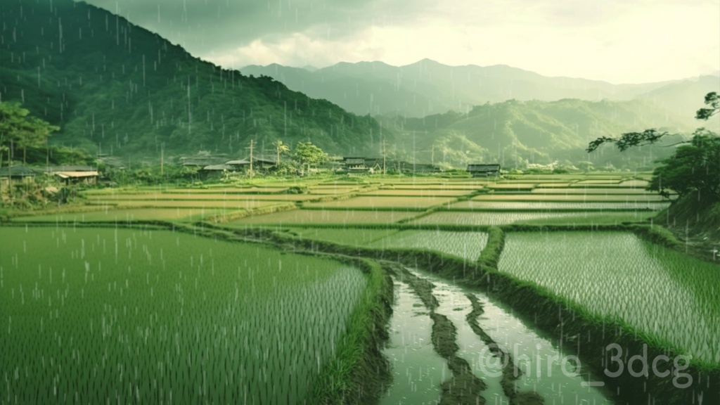 景ループ素材】雨の日の田んぼ風景 ループ素材 雨粒 あぜ道 雨 小雨 梅雨 田園風景 田舎 森林 木々 自然 日常 パーティクル 落ち着く【背景動画】