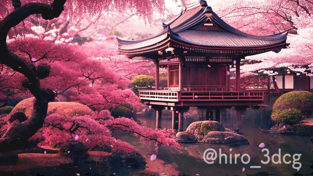 【背景ループ素材】桜が舞う日本庭園ループ素材 桜の木 池 舞う桜 動く背景 春 神秘的 幻想的 和風 3月 木 自然 ゲームなどの背景に 配信背景【背景動画】