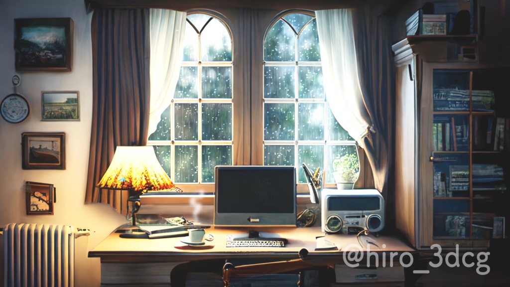 【背景ループ素材】雨の日のデスク オフィス 窓から眺める 落ち着く 仕事部屋 Vtuberさんの配信背景に 雨 窓 部屋 ライト デスクワーク 動く背景【背景動画】