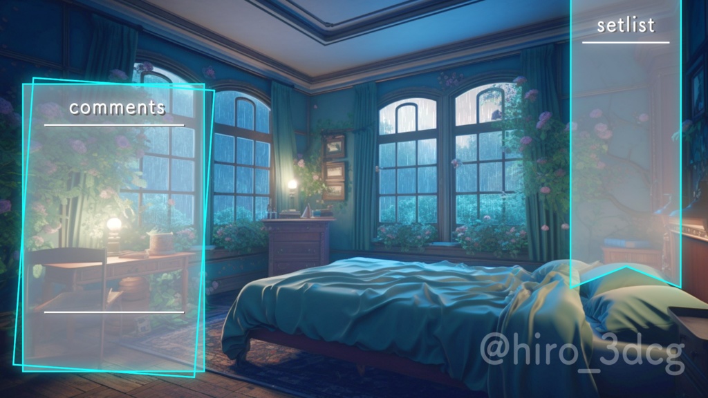 【動く!配信画面セット】不思議な森の洋館 雨の日の寝室 ファンタジー 窓から眺める 雑談配信 歌枠配信 落ち着く 梅雨 Vtuberさんの配信背景に 【背景ループ素材】