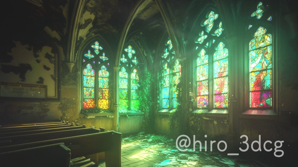 【動く!配信背景と待機画面セット】緑に浸食された森の教会 ステンドグラス 廃墟 歌枠 朝活 vtuberさんの配信背景に 風景 【背景ループ素材】
