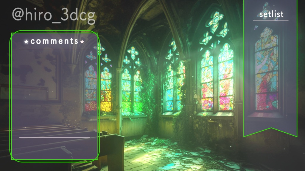 【動く!配信背景と待機画面セット】緑に浸食された森の教会 ステンドグラス 廃墟 歌枠 朝活 vtuberさんの配信背景に 風景 【背景ループ素材】