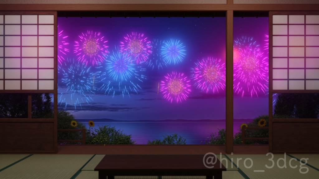 【動く!背景素材】和室から眺める打ち上げ花火 夏の日 花火大会 夏祭り 配信部屋 落ち着く 海 風鈴 Vtuberさんの配信背景に 【背景ループ素材】
