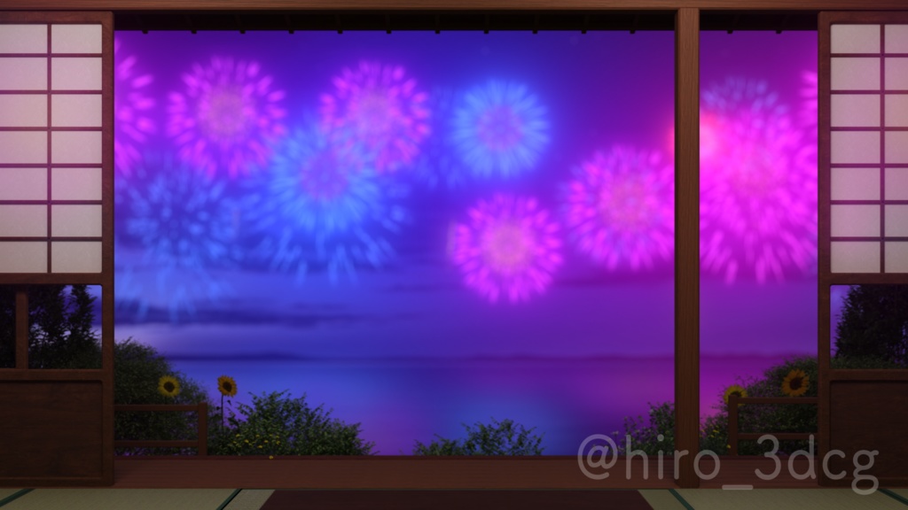 【動く!背景素材】和室から眺める打ち上げ花火 夏の日 花火大会 夏祭り 配信部屋 落ち着く 海 風鈴 Vtuberさんの配信背景に 【背景ループ素材】