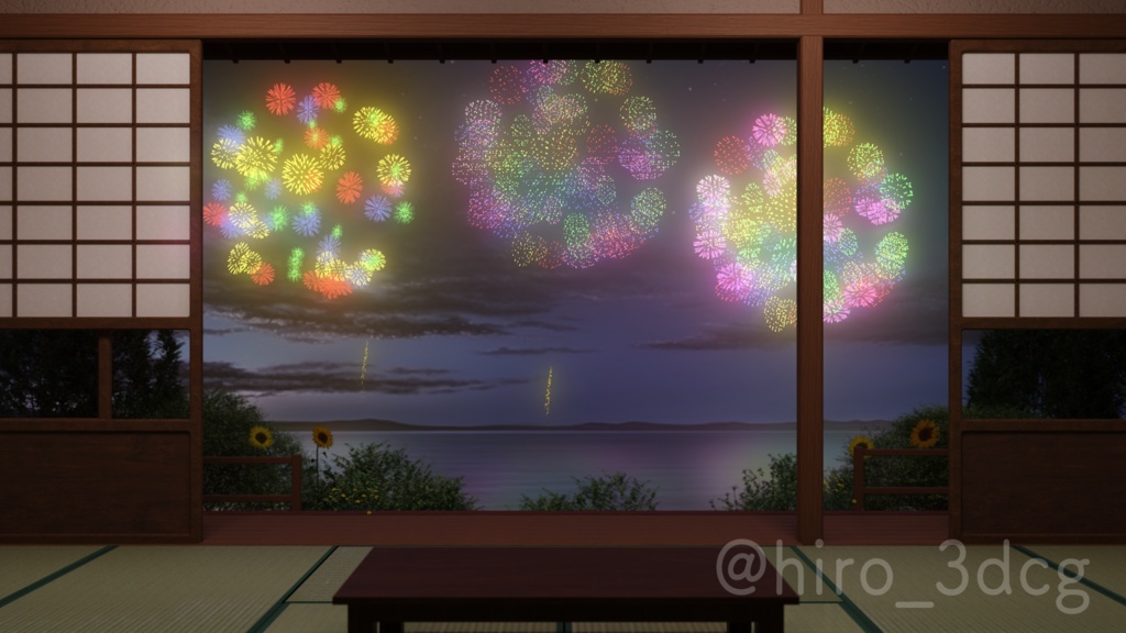 【動く!背景素材】和室から眺める打ち上げ花火 夏の日 花火大会 夏祭り 配信部屋 落ち着く 海 風鈴 Vtuberさんの配信背景に 【背景ループ素材】
