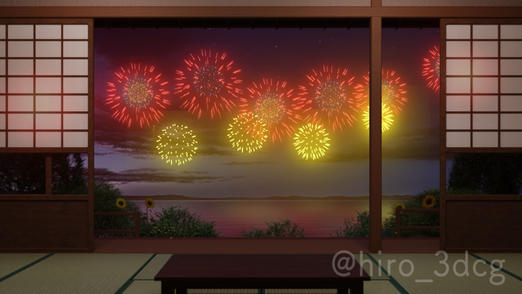 【動く!背景素材】和室から眺める打ち上げ花火 夏の日 花火大会 夏祭り 配信部屋 落ち着く 海 風鈴 Vtuberさんの配信背景に 【背景ループ素材】
