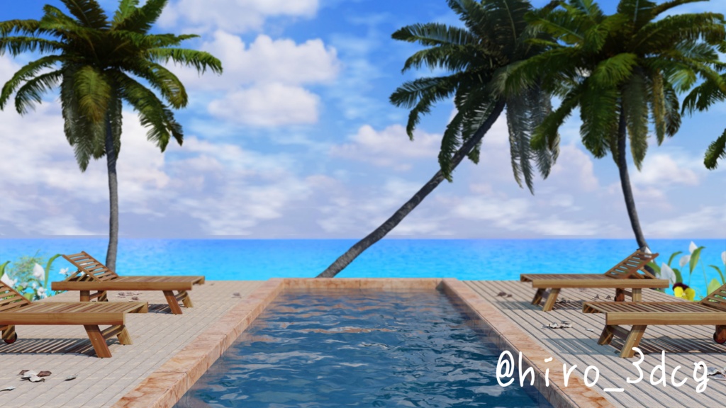 【動く!配信素材】優雅なリゾートビーチ プール ヤシの木 ハワイ トロピカル 歌枠 夏 秋 海 南国 Vtuber素材 配信などの背景に 【背景動画】