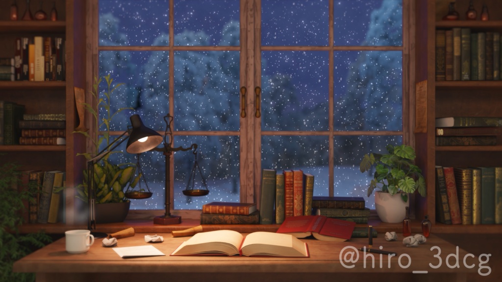 【動く!配信背景ループ】雪の降る日の仕事部屋 夜ver クリスマス 窓から眺める雪 歌枠 雑談配信 Vtuberさんの配信背景に バレンタイン 冬 動く背景【配信部屋】