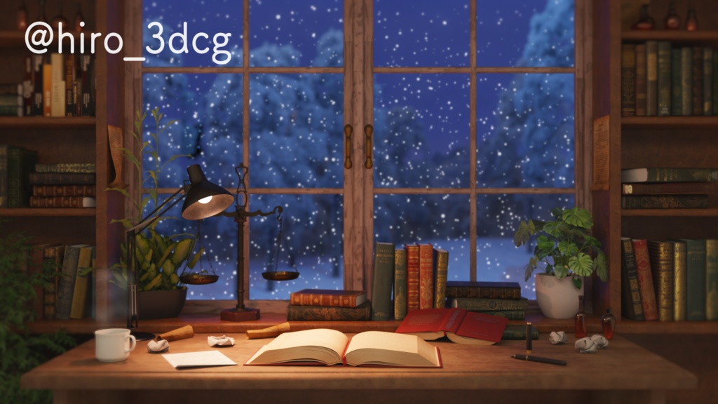 【動く!配信背景ループ】雪の降る日の仕事部屋 夜ver デスク クリスマス 窓から眺める雪 歌枠 雑談配信 Vtuberさんの配信背景に バレンタイン 窓 部屋 冬 動く背景【配信部屋】