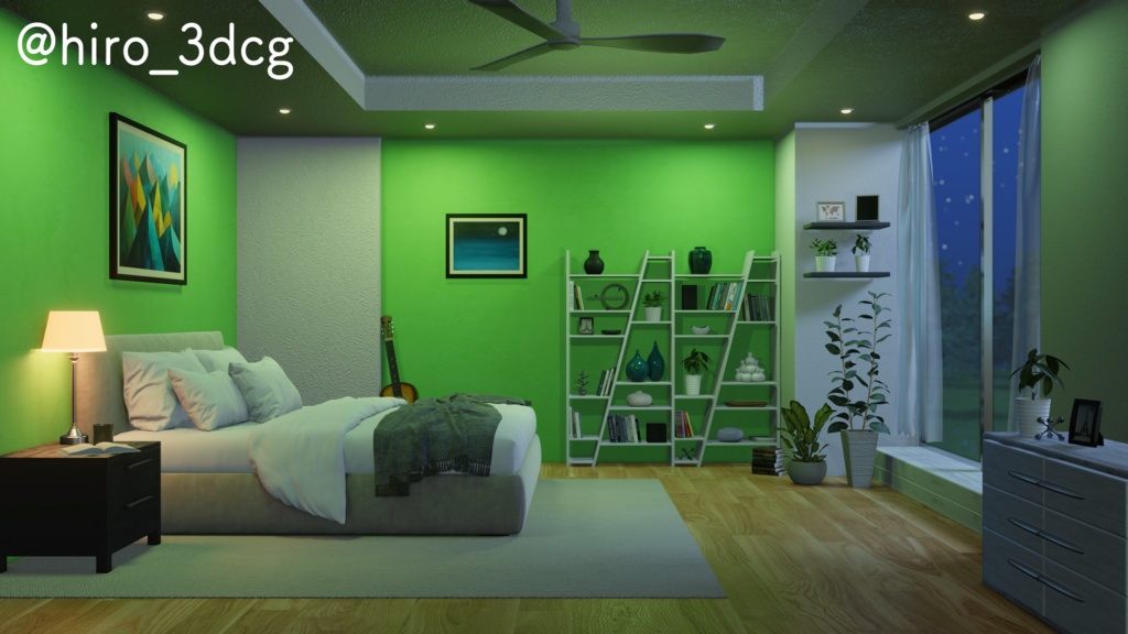 【動く!配信部屋セット】静かな夜の配信部屋 緑色 寝室 歌枠 雑談配信 ゲーミング部屋 落ち着く Vtuberさんの配信背景に【背景ループ素材】