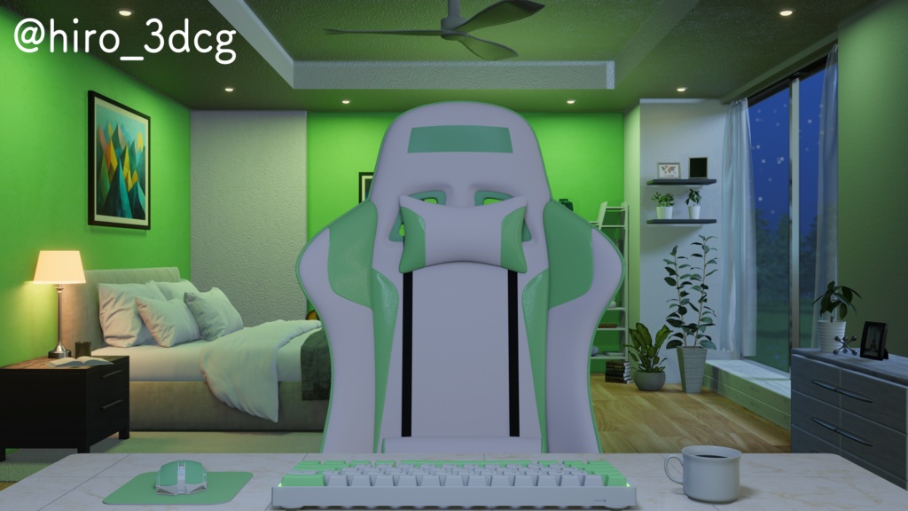 【動く!配信部屋セット】静かな夜の配信部屋 緑色 寝室 歌枠 雑談配信 ゲーミング部屋 落ち着く Vtuberさんの配信背景に【背景ループ素材】