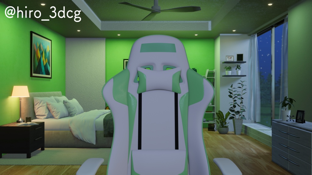 【動く!配信部屋セット】静かな夜の配信部屋 緑色 寝室 歌枠 雑談配信 ゲーミング部屋 落ち着く Vtuberさんの配信背景に【背景ループ素材】