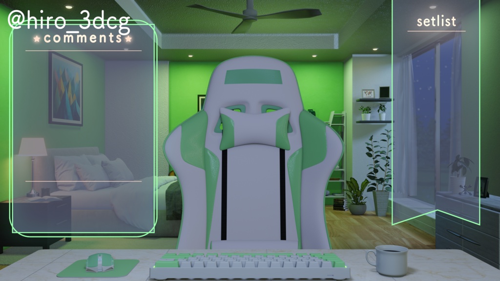 【動く!配信部屋セット】静かな夜の配信部屋 緑色 寝室 歌枠 雑談配信 ゲーミング部屋 落ち着く Vtuberさんの配信背景に【背景ループ素材】