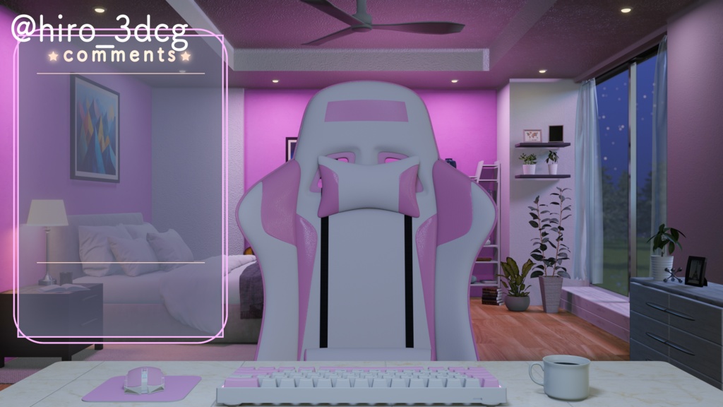 【動く!配信部屋セット】静かな夜の配信部屋 ピンク 寝室 歌枠 雑談配信 ゲーミング部屋 落ち着く Vtuberさんの配信背景に【背景ループ素材】