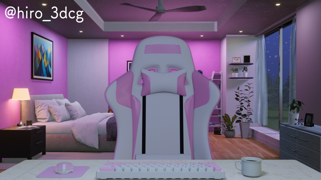 【動く!配信部屋セット】静かな夜の配信部屋 ピンク 寝室 歌枠 雑談配信 ゲーミング部屋 落ち着く Vtuberさんの配信背景に【背景ループ素材】