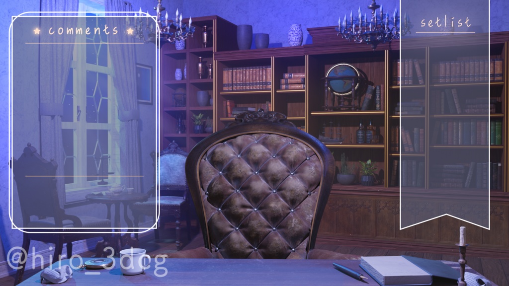 【動く!配信背景ループ】月明りが差し込む夜の書斎 魔法の研究部屋 図書室 ファンタジー 夜活 雑談配信 歌枠配信 Vtuberさんの配信背景に 窓 本棚 部屋 動く背景【配信部屋】