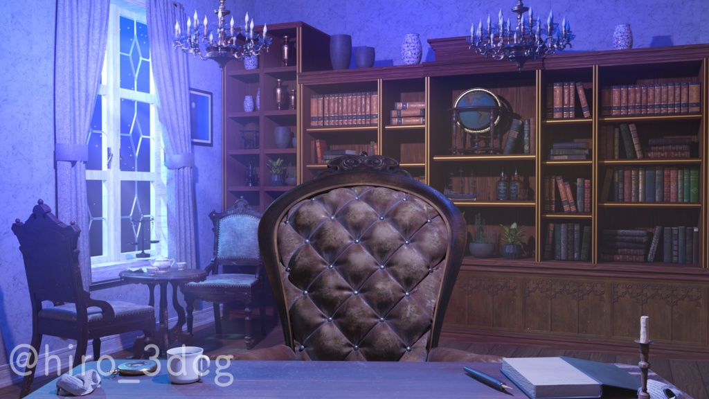 【動く!配信背景ループ】月明りが差し込む夜の書斎 魔法の研究部屋 図書室 ファンタジー 夜活 雑談配信 歌枠配信 Vtuberさんの配信背景に 窓 本棚 部屋 動く背景【配信部屋】